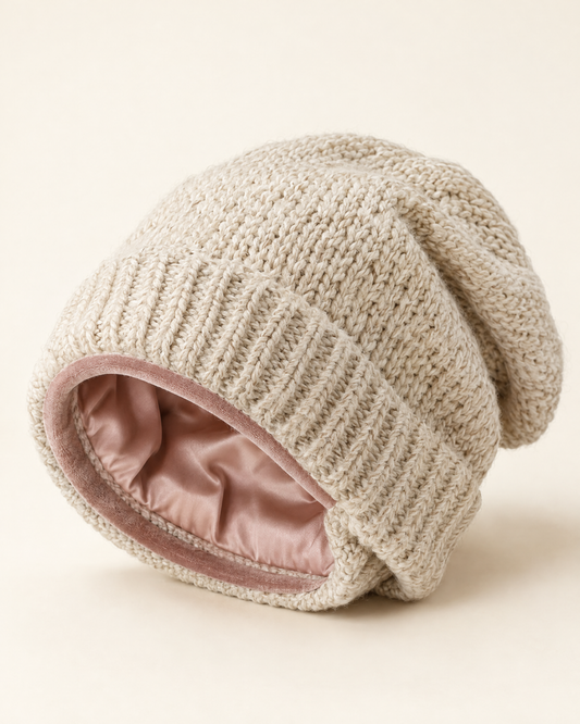 The Curl-Safe Beanie in oatmeal knit with a blush satin lining and velvet grip band
